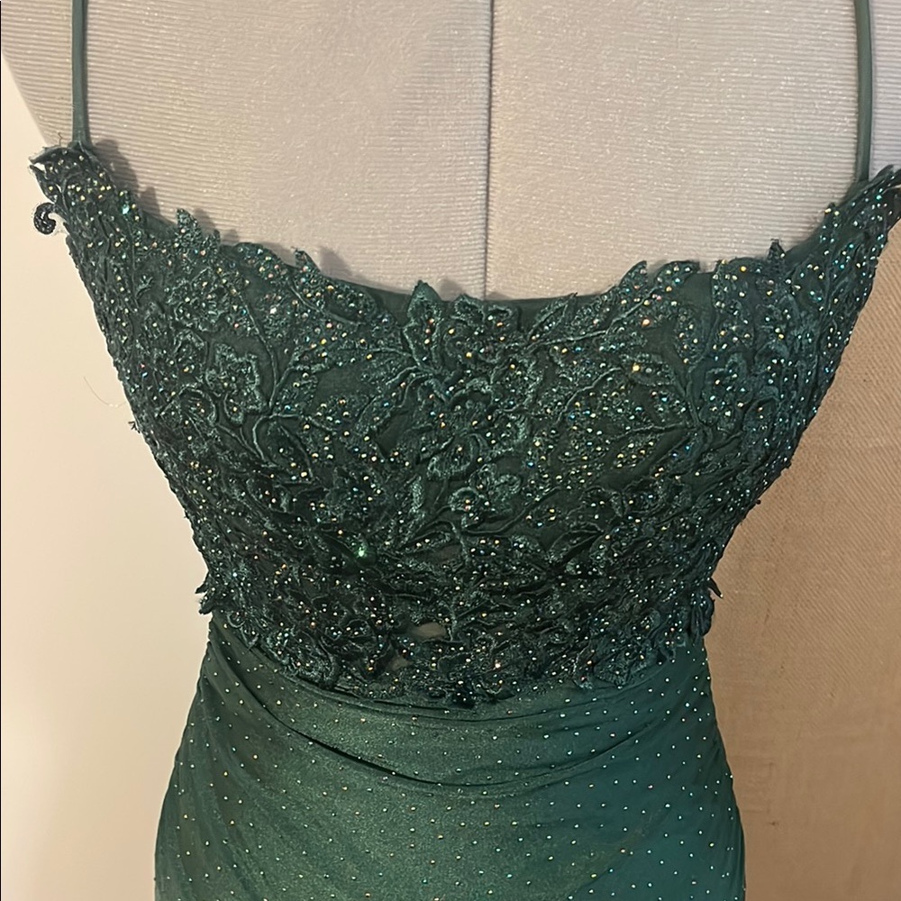 Green Embellished Spaghetti Strap Prom Gown - Picture 2 of 14